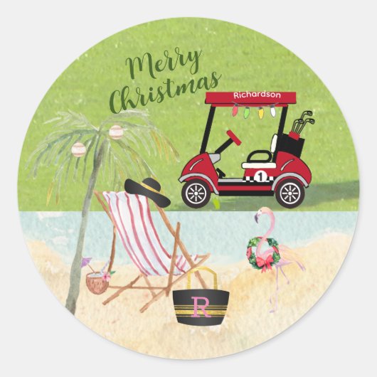 Sticker Rond Joyeux Noël Golf Panier Beach Monogramme Nom (Devant)