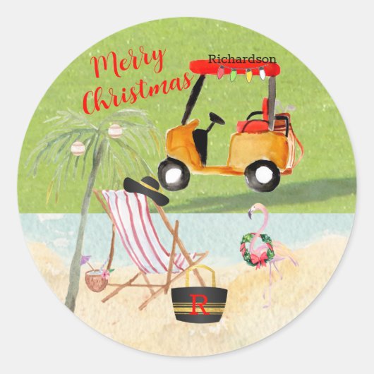 Sticker Rond Joyeux Noël Golf Panier Beach Monogramme Nom (Devant)