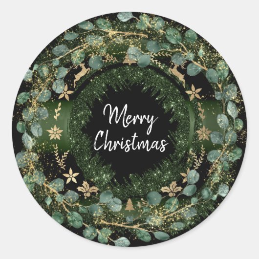 Sticker Rond Joyeux Noël Green Wreath Winter Gold Reindeder (Devant)