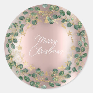 Sticker Rond Joyeux Noël Green Wreath Woodland Wood Rose
