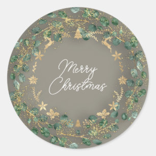 Sticker Rond Joyeux Noël Gris Vert Wreath Woodland Gold