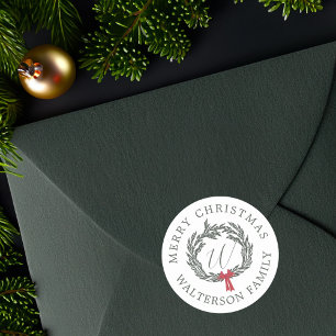 Sticker Rond Joyeux Noël hiver Garland Wreath Monogramme