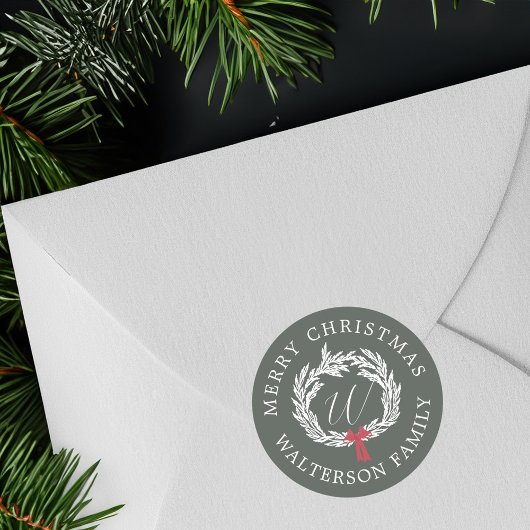 Sticker Rond Joyeux Noël hiver Garland Wreath Monogramme