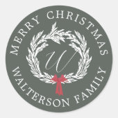 Sticker Rond Joyeux Noël hiver Garland Wreath Monogramme (Devant)