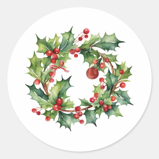 Sticker Rond Joyeux Noël Holly Berry Wreath (Devant)