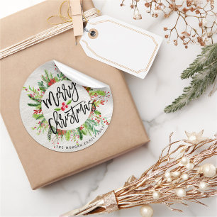 Sticker Rond Joyeux Noël Holly Floral Wreath Vacances