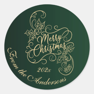 Sticker Rond Joyeux Noël Holly Green Grey Holiday