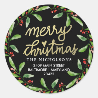 Sticker Rond Joyeux Noël Holly Wreath | Adresse de retour