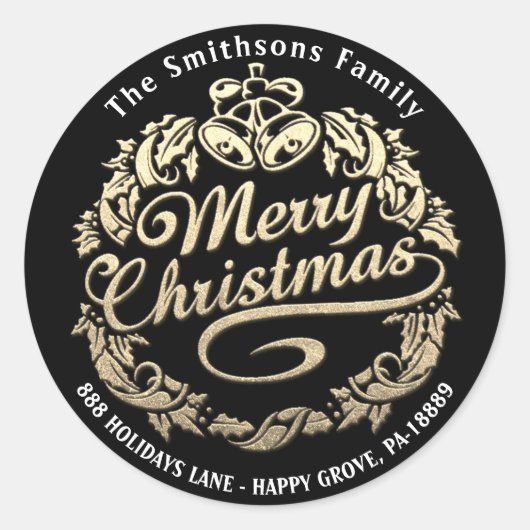 Sticker Rond Joyeux Noël Holly Wreath RSVP Gold Black White (Devant)
