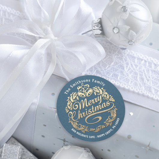 Sticker Rond Joyeux Noël Holly Wreath RSVP Gold Blue