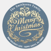 Sticker Rond Joyeux Noël Holly Wreath RSVP Gold Blue (Devant)