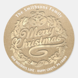 Sticker Rond Joyeux Noël Holly Wreath RSVP Gold Kraft