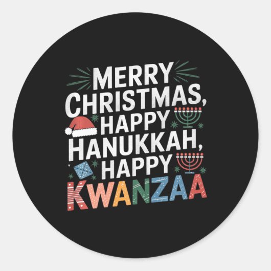 Sticker Rond Joyeux Noël Joyeux Hanoukka Joyeux Kwanzaa 14 (Devant)
