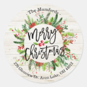 Sticker Rond Joyeux Noël Joyeux Holiday Holly Wreath Adresse (Devant)