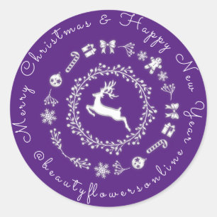 Sticker Rond Joyeux Noël Joyeux Nouvel An Rindeer violet