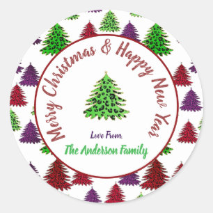 Sticker Rond Joyeux Noël & Joyeux Nouvel Arbres de Noël personn