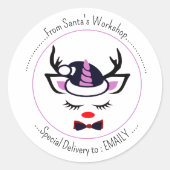 Sticker Rond Joyeux Noël. Joyeux visage de licorne (Devant)