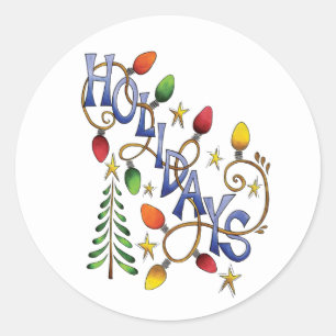 Sticker Rond Joyeux Noël, Lumières et Étoiles avec Texte de Fêt