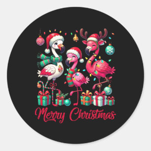 Sticker Rond Joyeux Noël Lumières Flamant Chapeau de Père Noël 