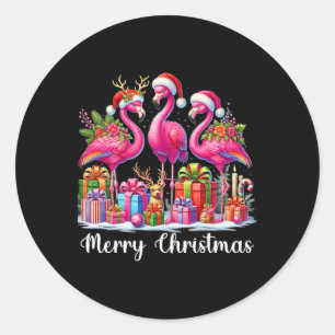 Sticker Rond Joyeux Noël Lumières Flamant rose Santa Hat Snow X