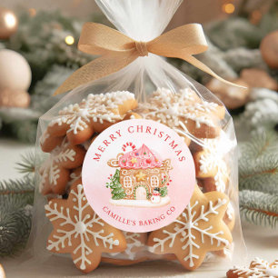 Sticker Rond Joyeux Noël Maison en Pain d'Épice Fêtes de fin d'