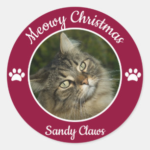 Sticker Rond Joyeux Noël Mignon Chat Photo avec Nom Pattes