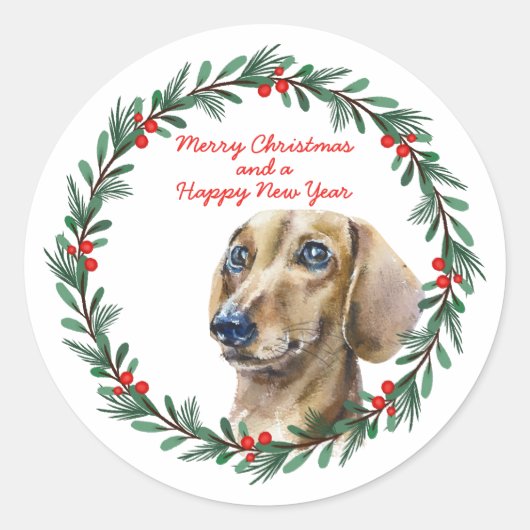 Sticker Rond Joyeux Noël mignon Dachshund Chien Vacances Wreath (Devant)