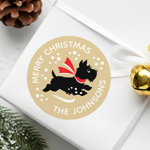 Sticker Rond Joyeux Noël mignon Scottie Nom chien Or