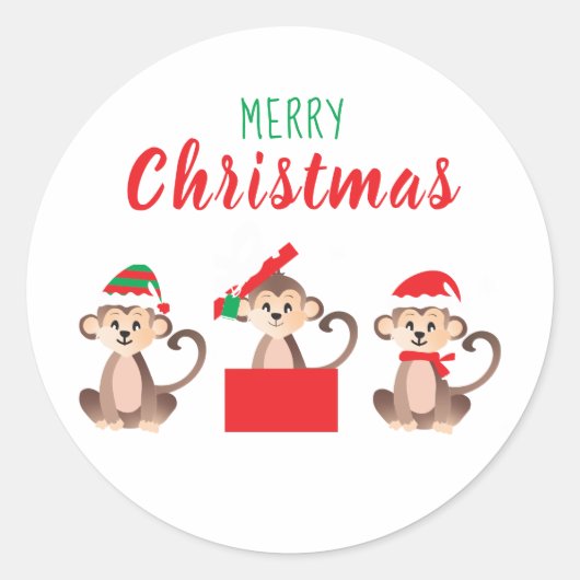 Sticker Rond Joyeux Noël Mignons singes Casquettes de Noël (Devant)