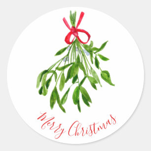 Sticker Rond Joyeux Noël Mistletoe Aquarelle Verdure