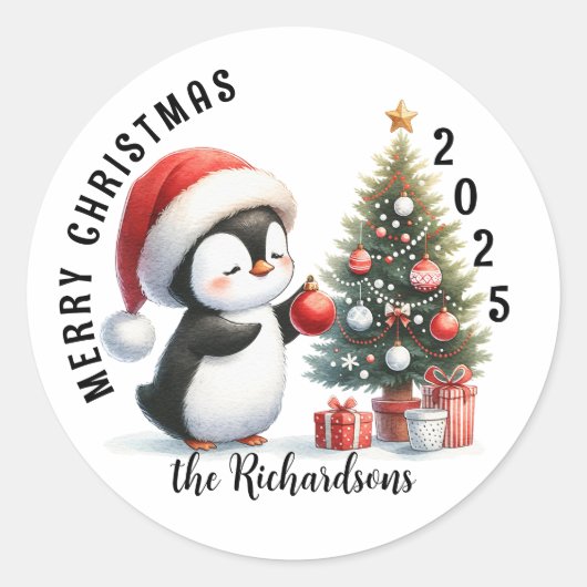 Sticker Rond Joyeux Noël moderne avec manchot mignon personnali (Devant)