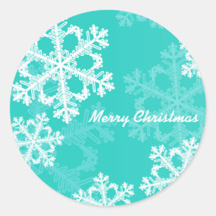 Sticker Rond Joyeux Noël moderne Cyan Snowflakes Motif