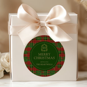 Sticker Rond Joyeux Noël Monogramme Blason Tartan Plaid