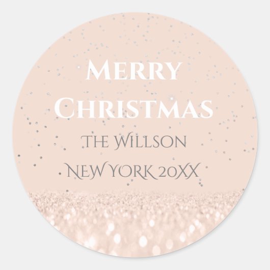 Sticker Rond Joyeux Noël Neige Rose Parties scintillant Classy (Devant)