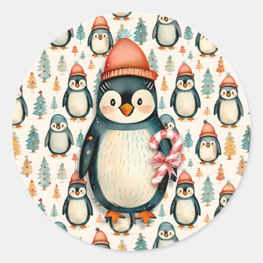 Sticker Rond Joyeux Noël | Noël des pingouins vintages (Devant)