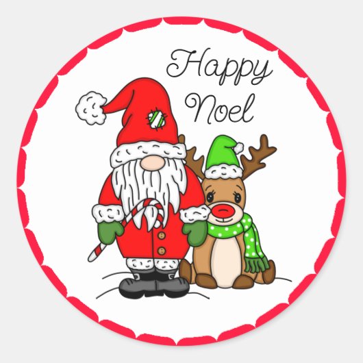 Sticker Rond Joyeux Noël Noel Gnome Père Noël et Reindeer (Devant)