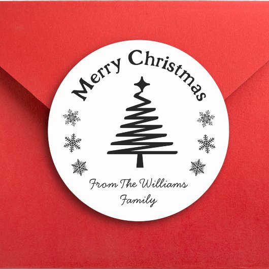 Sticker Rond joyeux Noël noir blanc arbre et flocons de neige