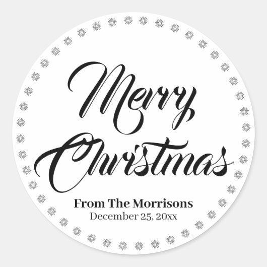 Sticker Rond Joyeux Noël noir blanc script personnalisé mignon (Devant)