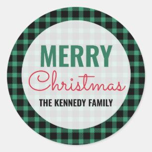 Sticker Rond Joyeux Noël Nom de famille Green Buffalo Plaid