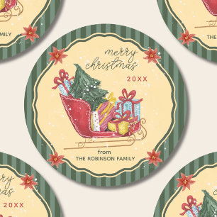 Sticker Rond Joyeux Noël Nom de Famille Traîneau Bandes Vertes