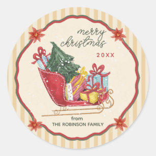 Sticker Rond Joyeux Noël Nom de Famille Traîneau Rayures
