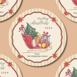Sticker Rond Joyeux Noël Nom de Famille Traîneau Rayures