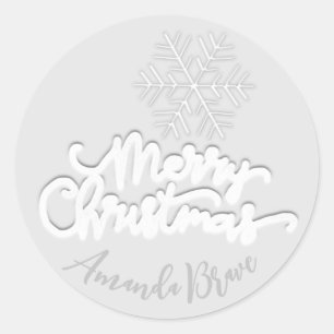 Sticker Rond Joyeux Noël Nom du script Gris Snowflakes Blanc