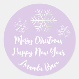 Sticker Rond Joyeux Noël Nom du script Snowflake Gris pourpre