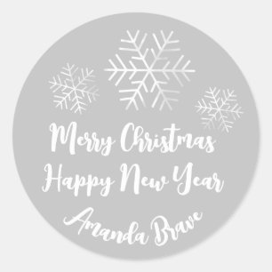 Sticker Rond Joyeux Noël Nom du script Snowflakes White Grey