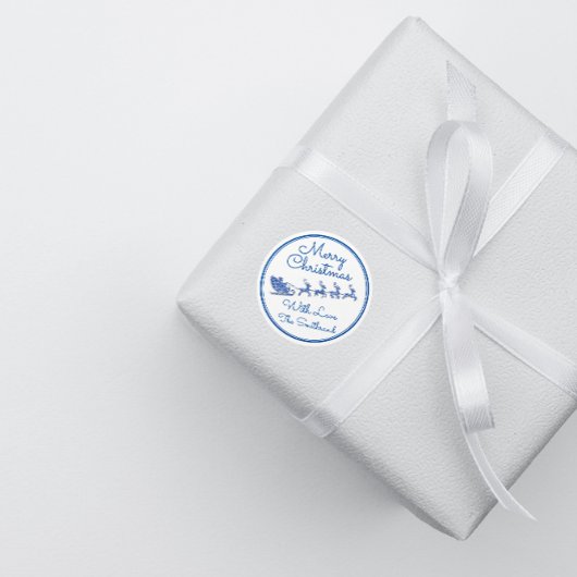 Sticker Rond Joyeux Noël Nom Grey Sleigh Père Noël Deer White