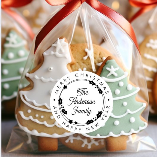 Sticker Rond Joyeux Noël Nom personnalisé Script Holly Wreath