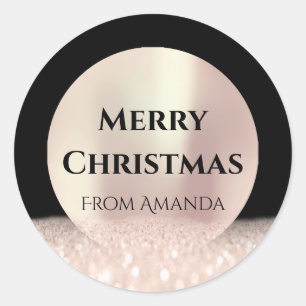 Sticker Rond Joyeux Noël Nom Rose Black Parties scintillant Éti