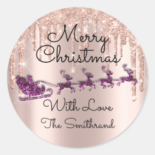 Sticker Rond Joyeux Noël Nom Rose Père Noël Sleigh Driple po