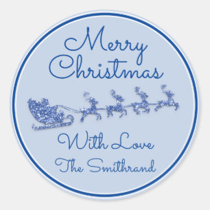 Sticker Rond Joyeux Noël Nom Sleigh Père Noël Deer Blue Pastel